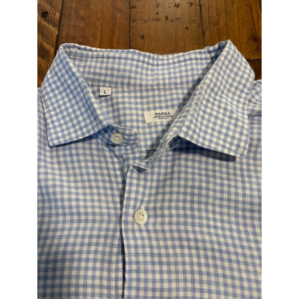 Barba Napoli Mens Gingham Button Down Shirt Blue White Cotton Italy Size L - Picture 2 of 13